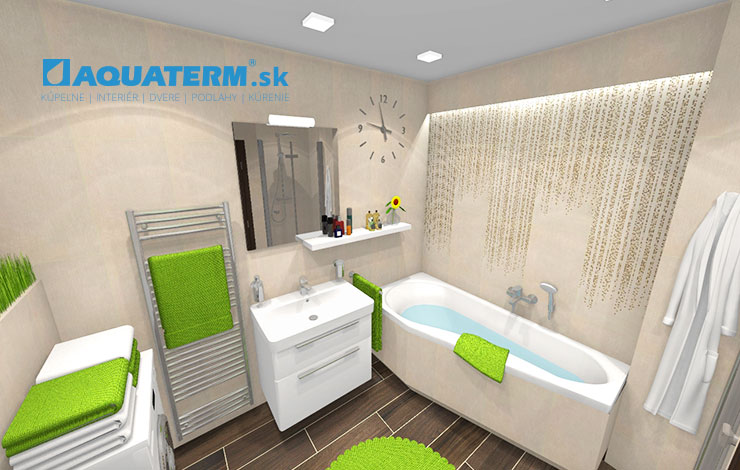 Béžová svetlá kúpeľňa s jarnými zelenými doplnkami - kúpeľne v jarných farbách - Aquaterm.sk