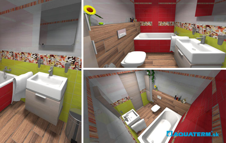 3D vizualizácia kúpeľňe v žiarivých farbách - jarná žlto-zelená a svieža červená
