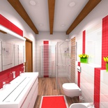 Inšpiratívna 3D vizualizácia - žiarivá červená kúpeľňa